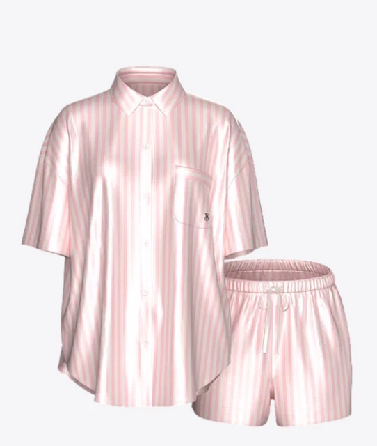 Victorias Secret Satin Pajama Set Button Down Top & Bottoms Pink Stripe PJ XL - Foto 4
