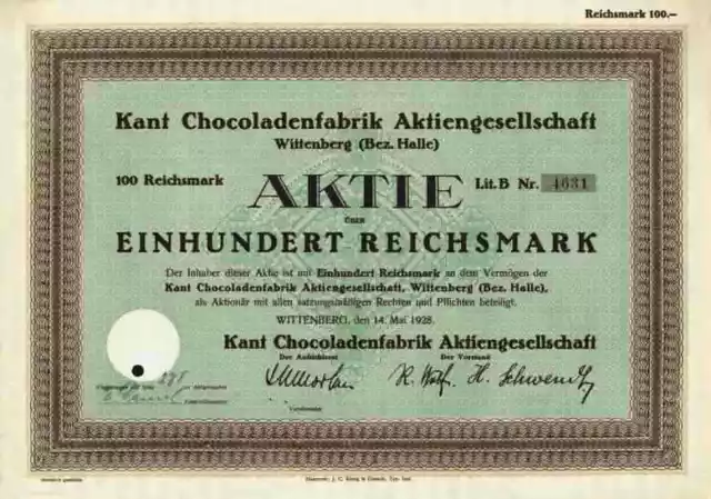 Kant Chocoladenfabrik 1928 Wittenberg Halle Kleinwanzleben Einbeck Wikana 100 RM
