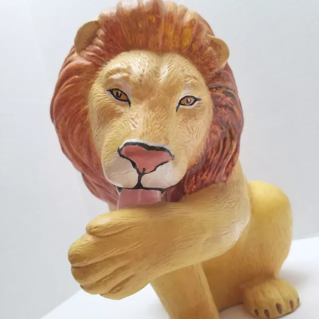 Male Lion Ceramic Figurine Licking Paw Hand Painted Large 10“ X 16" X 7.5”