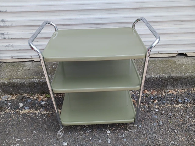Vintage MCM Costco Avocado Green 3 Tier Shelf Chrome Handled Metal Utility Cart Vintage MCM Costco Avocado Green 3 Tier Shelf Chrome Handled Metal Utility Cart