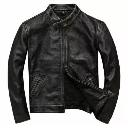 Men’s Motorcycle Biker Vintage Cafe Racer Distressed Black Real Leather Jacket