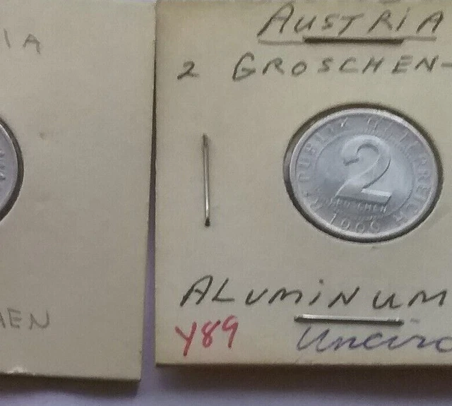 2 Austrian Two Groschen Aluminum Uncirculated Coins -1954 & 1966  KM#2876