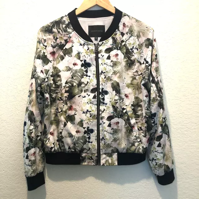 Anthropologie Sanctuary Floral Bomber Jacket Womens Large Black Trim Full Zip