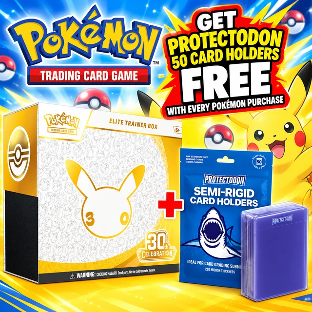 POKÉMON TCG: 30TH Celebration Elite Trainer Box FREE 50 Semi-Rigid Card ...