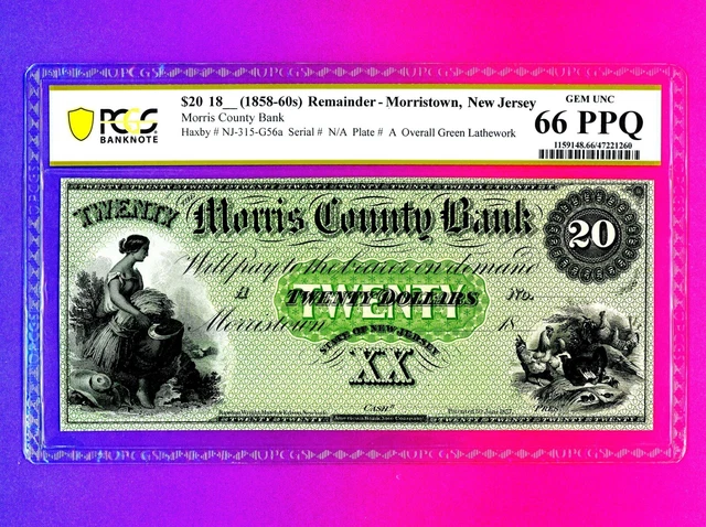 Morris County Bank New Jersey $20 Obsolete Currency Pcgs 66 Ppq Finest Top Pop