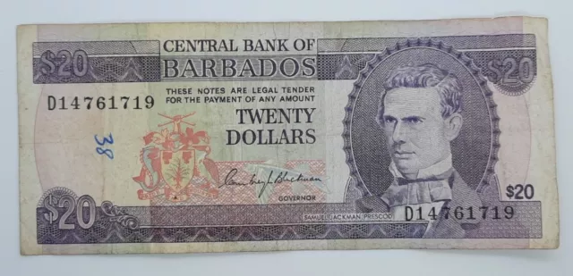 1973 - Central Bank Of BARBADOS - $20 Dollars Banknote, Serial No. D1 4761719