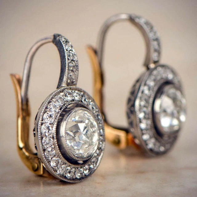 Art Deco Style Halo 3.5ct Round Cut Lab-Created Diamond Two-Tone Silver Earrings
