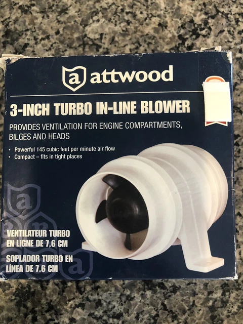 New Attwood 1731-4 Turbo 3000 Series In-Line Bilge Blower, For 3-Inch Pipe/Duct New Attwood 1731-4 Turbo 3000 Series In-Line Bilge Blower, For 3-Inch Pipe/Duct