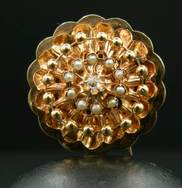 B34 -Ancienne Broche Or rose 18K,10 demi Perles de Culture,1 diamant taille rose