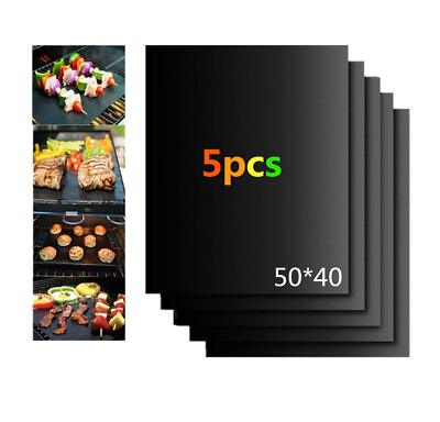 BBQ Griglia Tappetini 50x40cm Tappetino Barbecue Set 5 Pz Stuoie Barbecue Antiaderente Riutilizzabili Senza-PFOA Resistente al Calore per Griglia a Carbone Gas Weber Forno Elettrico Nero Scuro 