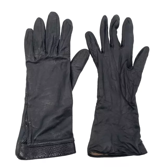 VTG Anne Klein Aris womens size 7.5 genuine Leather silk lined gloves black long