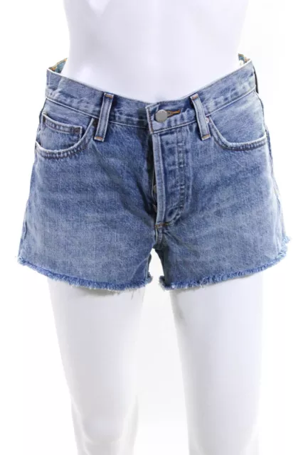 Denim Forum Womens Buttoned High Rise Frayed Cutoff Jean Shorts Blue Size 24