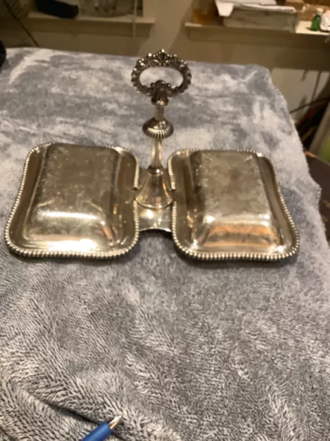 Rare Silver plated double vegetable server with mechanical lift that raises lids