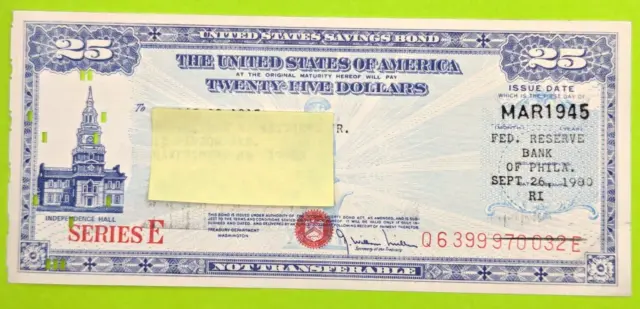 Mar 1945- $25 US Savings Bond Series E Independence Hall Philadelphia Punch Card