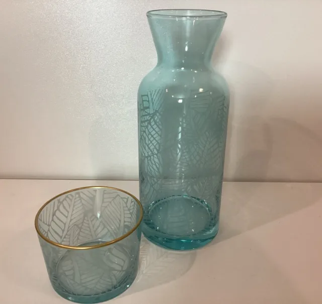 Wrenbury Bar ware Carafe Glass Leaf Blue Gold Water Set Bedside Cup
