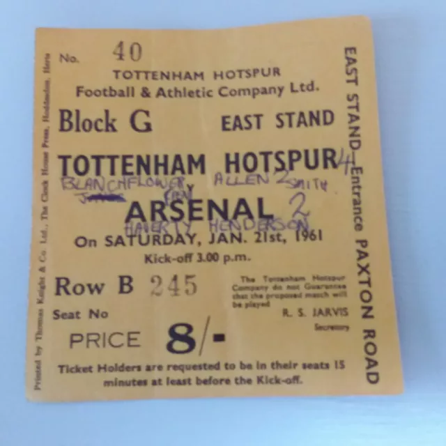 TICKET 1960/61 TOTTENHAM SPURS v ARSENAL