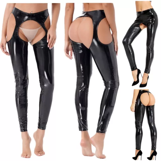 Legging Femme Pantalon effet mouillé Taille Haute Ouverte Fesse Pantalon Cuir