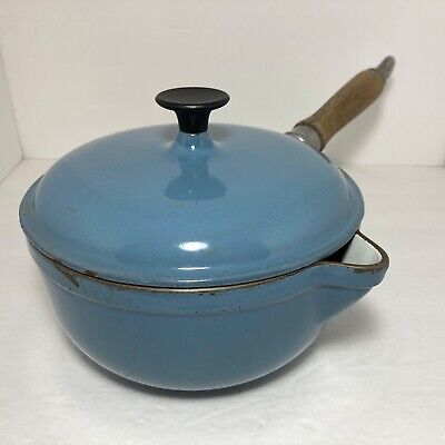 Vintage Blue Saucepan w/ Wood Handle + Lid Unbranded Enamel Cast Iron 2qt