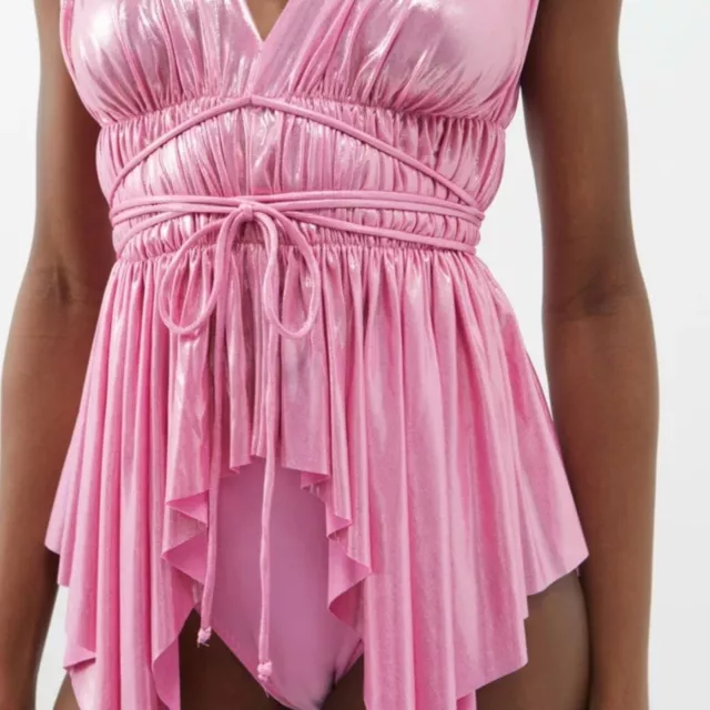 NWT! Norma Kamali Greek Goddess Pink Ruched Metallic-Jersey Swimsuit 🏛️🩷 3