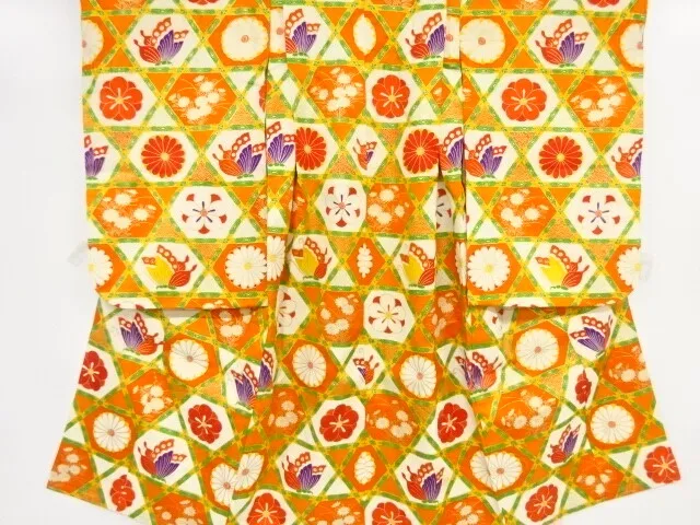 80141# Japanese Kimono / Antique Kimono For Girls / Butterfly & Flower &