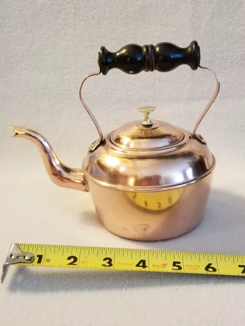 Late 19th Century Small Copper Teakettle Turned Wood Handle Brass Finial 6" Tall