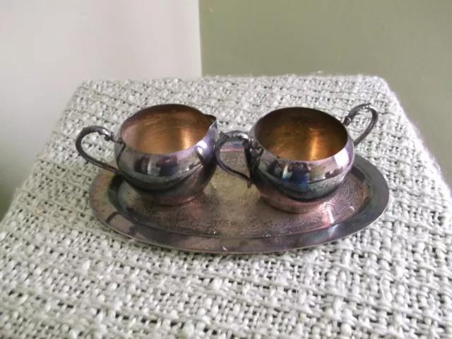 3 pc Hostess Plate Creamer Sugar & Tray E P Copper Lead Mounts 234 vintage 2