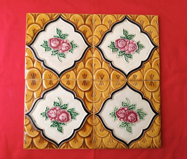 4 Piece Set Flower Design Embossed Old Art Majolica Ceramic Tiles Japan 0011