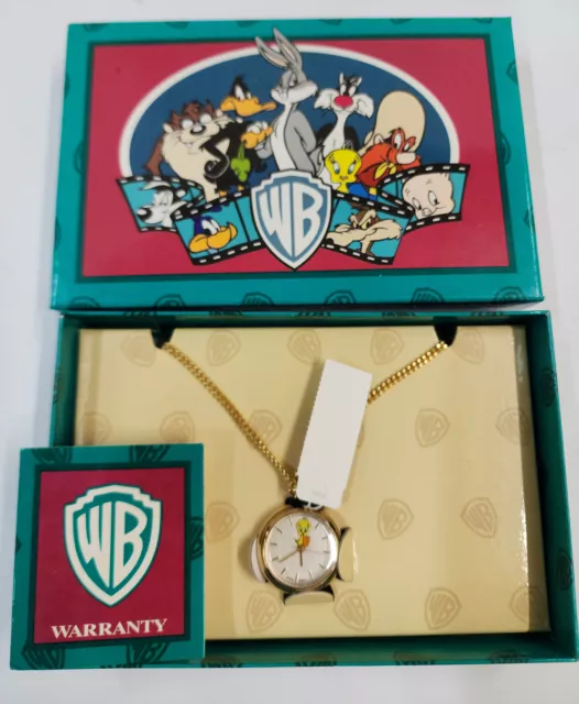 1994 TM Warner Bros Tweety Bird Gold Tone Watch Pendant Necklace w/ Original Box