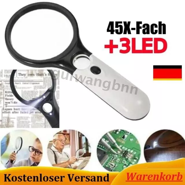 3 LED Extra große Handlupe mit Licht 45X Fach Vergrößerung Beleuchtete Leselupe