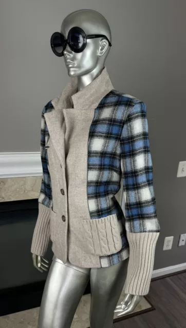 SUNDANCE CATALOG Mixed Media BLUE Plaid CABLE KNIT Multi Pkt BLAZER Jacket 14 🌞