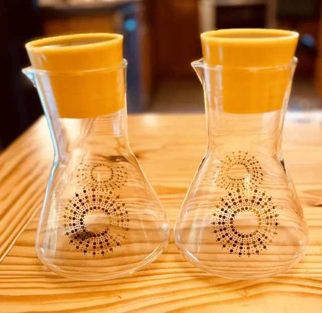 Vintage Pyrex Atomic Sun Yellow Starburst Glass Decanter Juice Pitchers with Lid