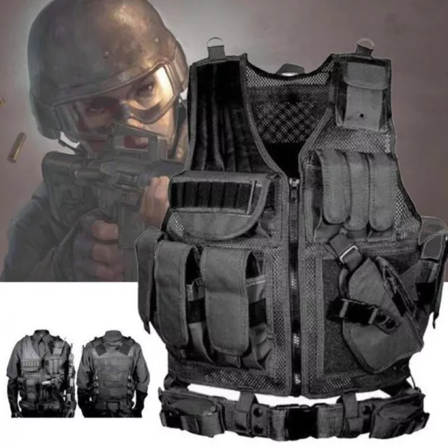 MILITARY TACTICAL VEST with Gun Holster Molle Assault Combat Plate ...