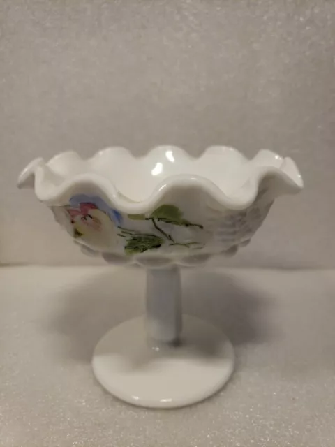 Westmorland~Pedestal~ Milk Glass w Painted Pansies~4.5"TCompote/Candy Dish(DR31)