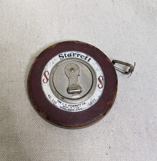 VTG Starrett No. 530 Tape Measure 50 Ft. Satin Black Steel USA Red Leather Case