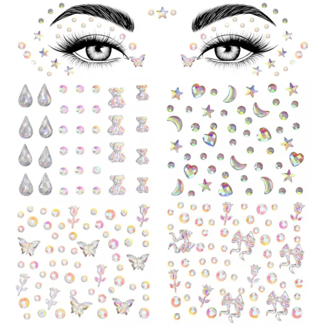 Face Gems Rhinestones Stick On, 4 Sheets Self Adhesive Jewels Stickers DIY Face