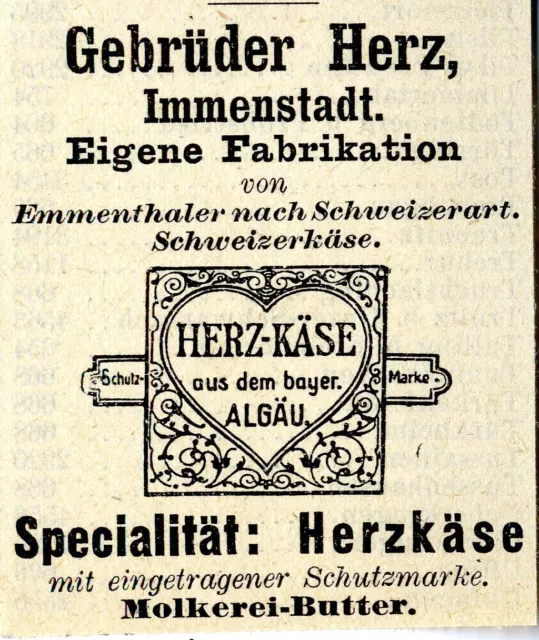 Trademark Gebr. Herz Immenstadt HERZKÄSE Historische Reklame von 1908