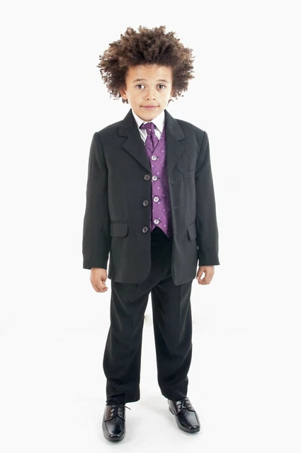 Boys 5 Piece Suit Black with Purple Waistcoat Wedding Page Boy Prom Party