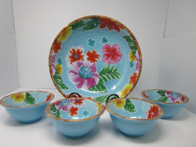 Sur La Table Melamine Tropical 12" Serving Bowl with 4 Salad Bowls NWOT