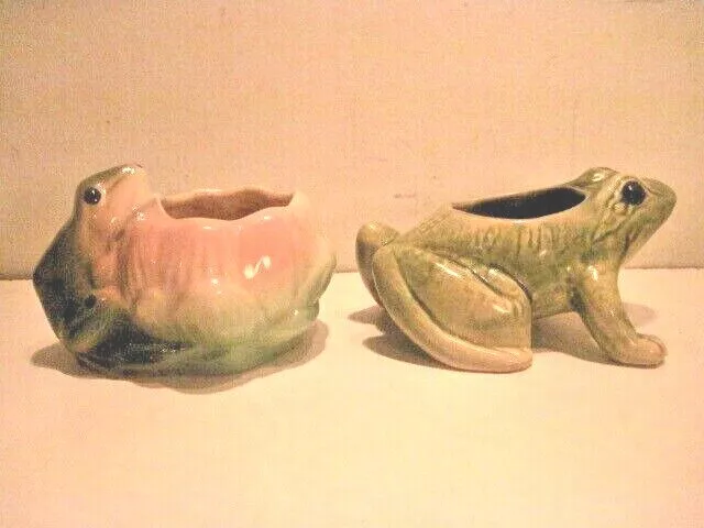 2 Vintage Mccoy Flower Pot Frog Toad Planters  One With Pink Lotus Flower