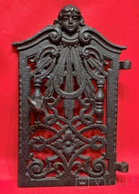 Antique Girl Cast Iron Panel Bas-Relief Art Fireplace Door Stove Rare Old 20th