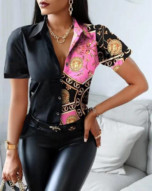 New Women Elegant Baroque Print Fashion Blouse Short Sleeve Turn-down Collar