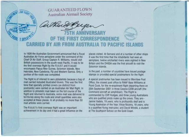 Stamp 2001 Australia to Pacific Islands 75th anniversary cover Bergen signed 2