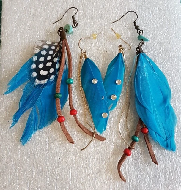 Pair Of Vtg Costume Fashion Silver Tone Blue Feather Dangle Hook Boho Earrings