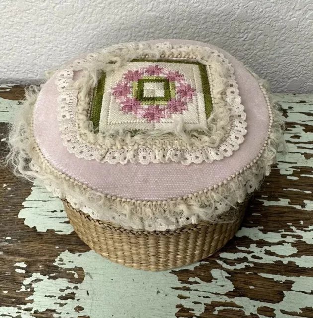 Vintage Small needlepoint top Sewing basket Container