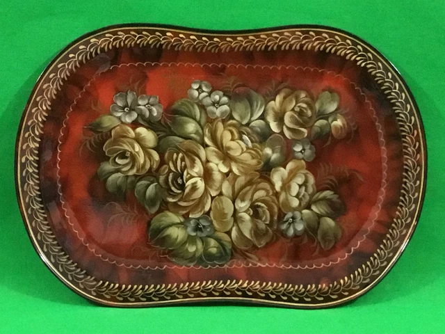 Plateau JOSTOVO 35 x 24 cm Russie métal rouge fleurs peint main laqué