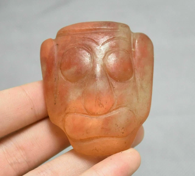 6CM Chinese Hongshan Culture Old Red Crystal Carved Sun God Head Mask pendant