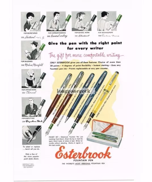 1954 Esterbrook Fountain Pens Interchangeable Point Vintage Print Ad