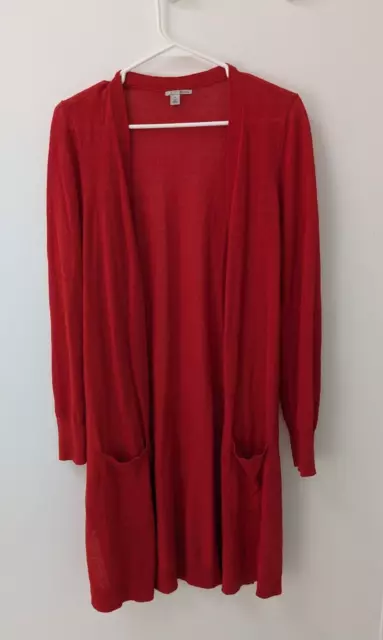 Halogen Cardigan Sweater Red Sz M Linen Blend Long Sleeves Open Front Pockets