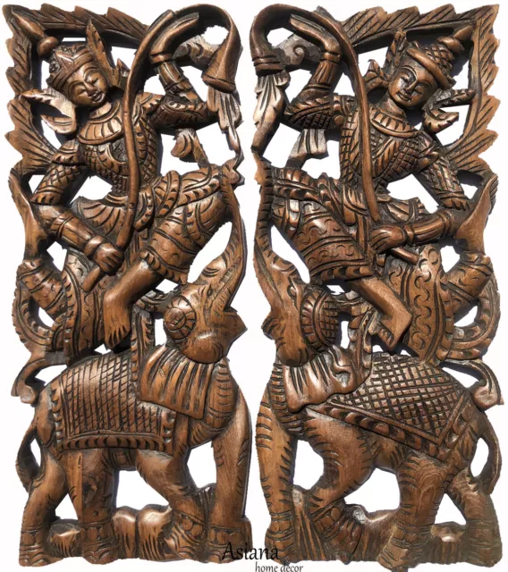 Asian Figure Carved Wood Wall Art Panels. Asia Home Decor. Set of 2 Brown