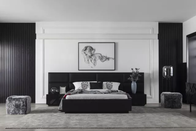 Black Chambre à Coucher Set Lit Meuble Table de Chevet 3tlg. Lit en Cuir Lits